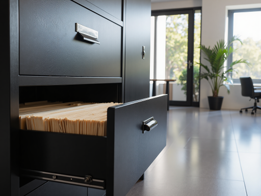 办公环境中的票据整理，文件柜整齐排列，专业财务人员工作场景