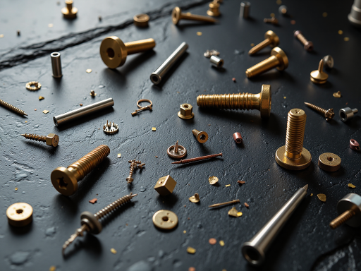 五金配件展示，螺丝螺母垫圈等金属制品整齐摆放，工业仓库背景